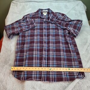LL Bean Chamois Cloth Shirt Mens L Burgundy Blue Plaid Flannel Traditional Fit